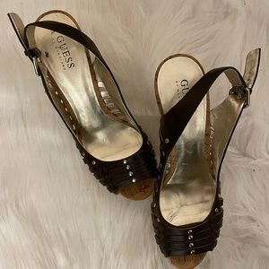 Guess, Brown, Chunky Heel, Sandal, Cork Bottom, Size 8.5